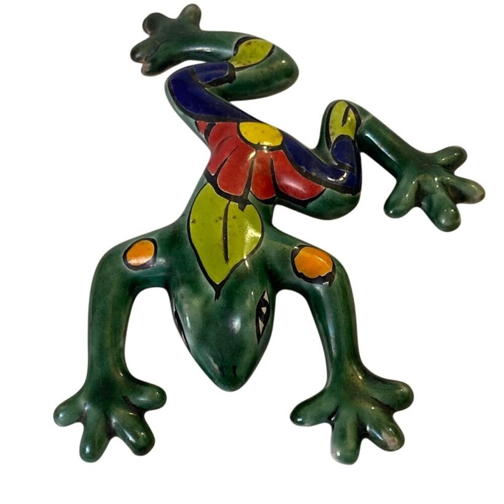 Green Talavera-Style Frog Handcrafted Mexican Folk Art Ceramic Figurine 6” GOOD